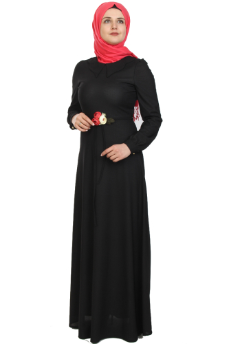 Çiçek Kemerli Elbise-Siyah0081 - Thumbnail