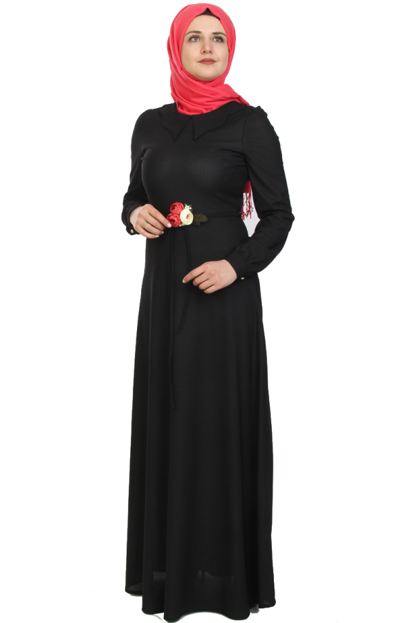 Çiçek Kemerli Elbise-Siyah0081