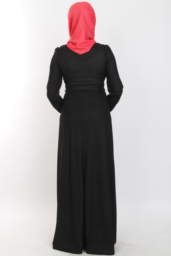 Çiçek Kemerli Elbise-Siyah0081