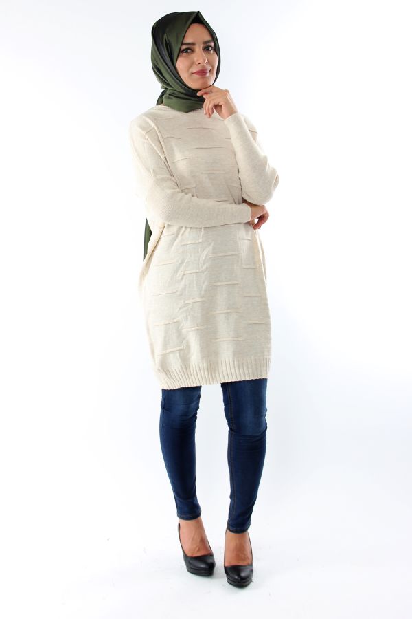 Çizgi Detay Triko Tunik-Krem0559