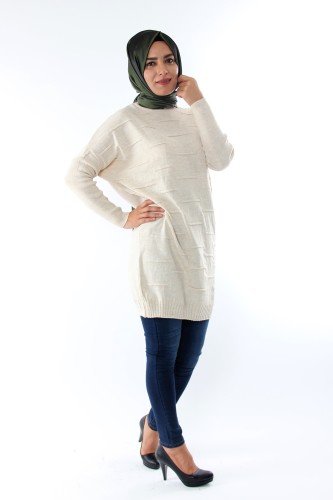 Çizgi Detay Triko Tunik-Krem0559 - Thumbnail