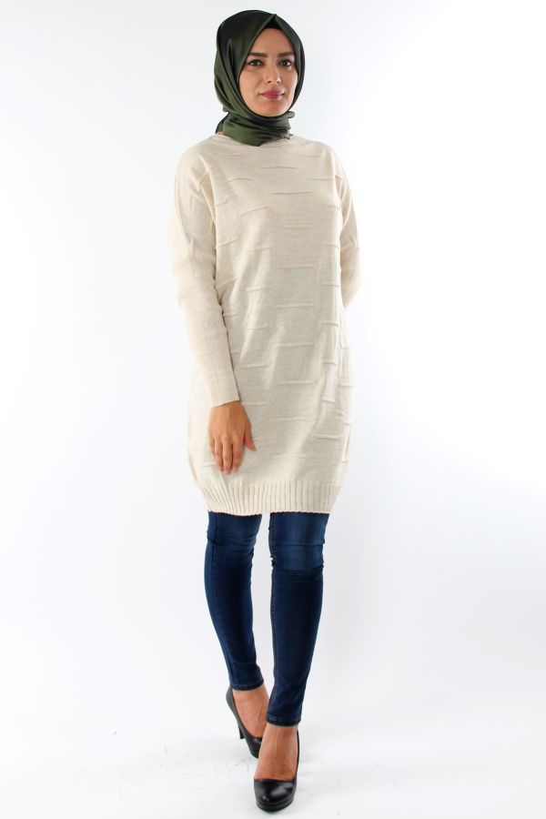 Çizgi Detay Triko Tunik-Krem0559