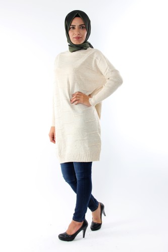 Çizgi Detay Triko Tunik-Krem0559 - Thumbnail