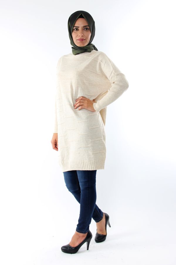 Çizgi Detay Triko Tunik-Krem0559