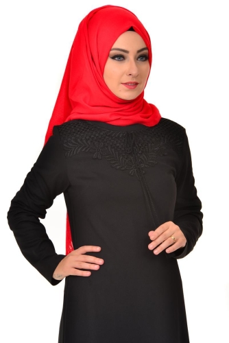 Dantel Detaylı Düz Elbise Siyah-4061 - Thumbnail
