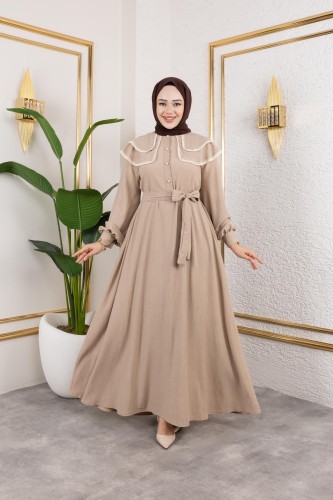 Modaebva - Dantel Detaylı Kloş Tesettür Elbise-5031 Bej