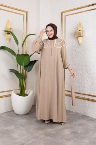 Modaebva - Dantel Detaylı Kloş Tesettür Elbise-5031 Bej (1)