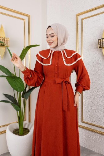 Modaebva - Dantel Detaylı Kloş Tesettür Elbise-5031 Kiremit (1)
