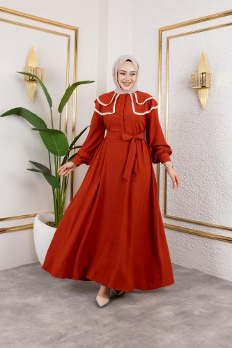 Modaebva - Dantel Detaylı Kloş Tesettür Elbise-5031 Kiremit