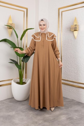 Modaebva - Dantel Detaylı Kloş Tesettür Elbise-5031 Latte (1)