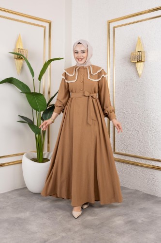 Modaebva - Dantel Detaylı Kloş Tesettür Elbise-5031 Latte