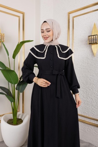 Modaebva - Dantel Detaylı Kloş Tesettür Elbise-5031 Siyah (1)