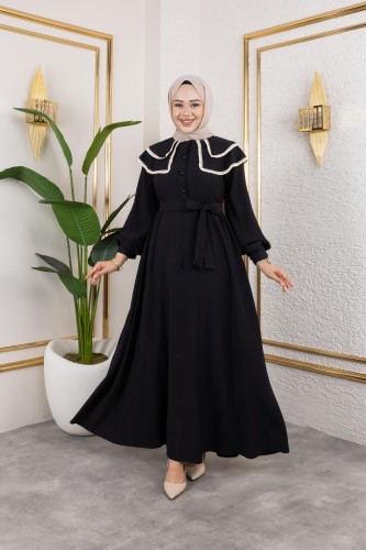 Modaebva - Dantel Detaylı Kloş Tesettür Elbise-5031 Siyah