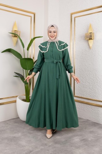 Modaebva - Dantel Detaylı Kloş Tesettür Elbise-5031 Zümrüt yeşili