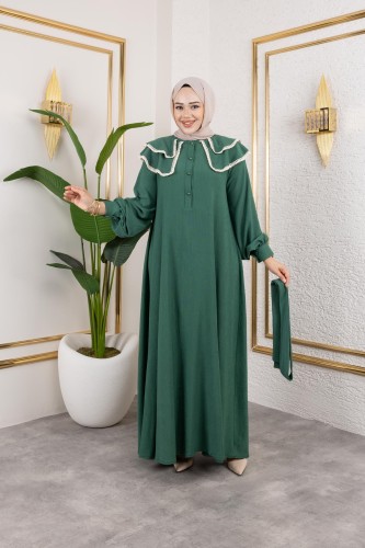 Modaebva - Dantel Detaylı Kloş Tesettür Elbise-5031 Zümrüt yeşili (1)