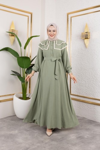 Modaebva - Dantel Detaylı Kloş Tesettür Elbise-5031Su yeşili
