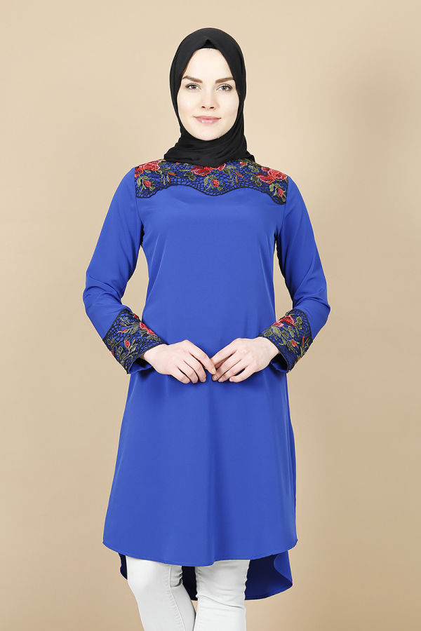 Dantel İşlemeli Tunik-Mavi0515