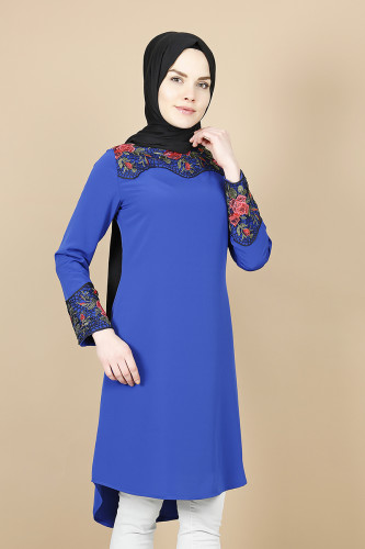 Dantel İşlemeli Tunik-Mavi0515 - Thumbnail