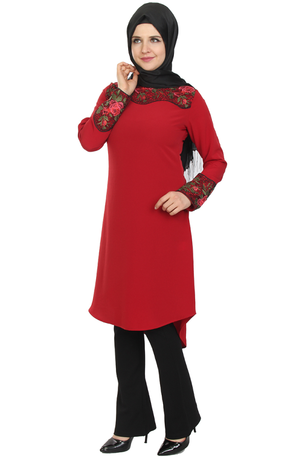Dantel İşlemeli Tunik-Bordo0515