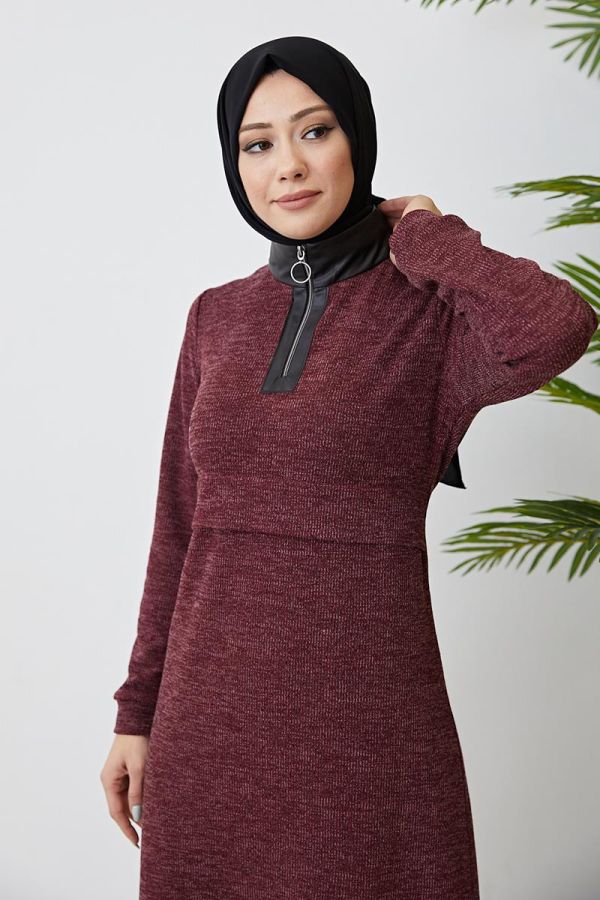 Deri Detay Tesettür Elbise-3082 Bordo