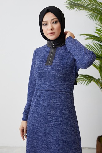 Modaebva - Deri Detay Tesettür Elbise-3082 İndigo (1)