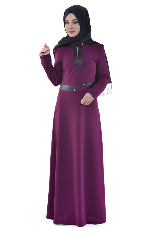 Deri Detaylı Elbise 4053 mürdüm