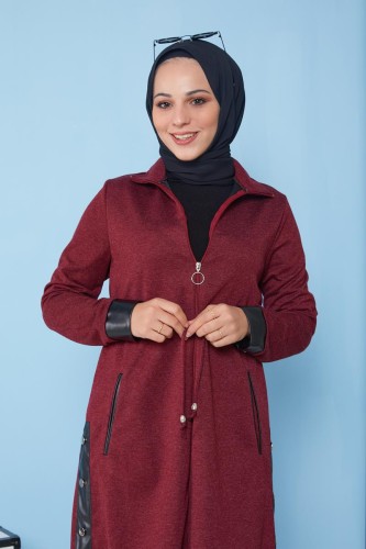 Modaebva - Deri Detaylı Fermuarlı Tesettür Kap-3098 Bordo (1)