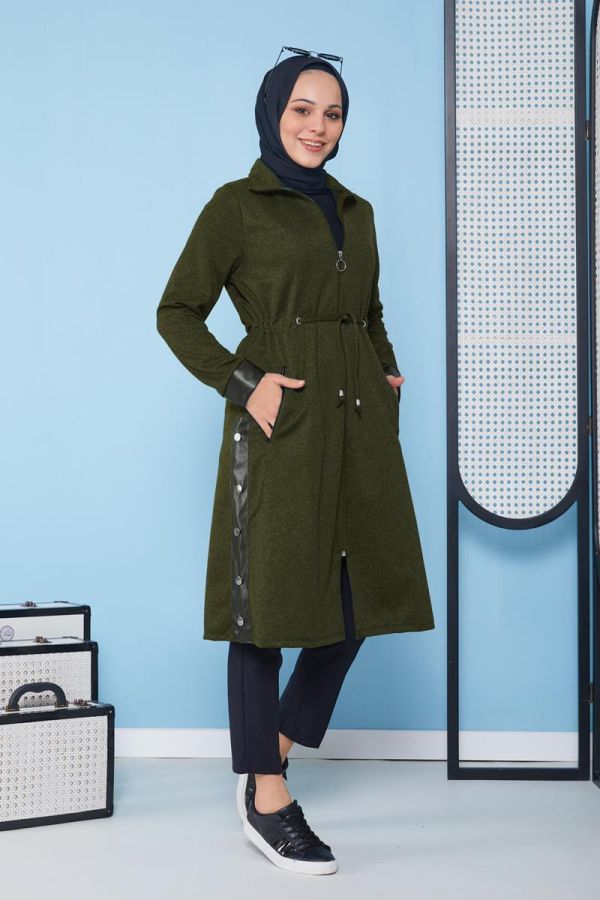 Deri Detaylı Fermuarlı Tesettür Kap-3098 Hakiyeşili