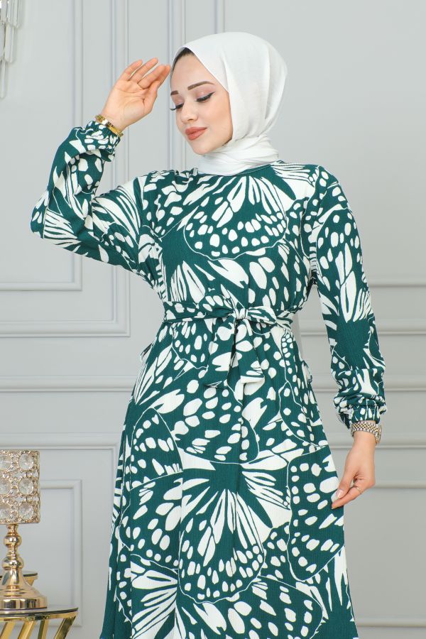 Desenli Bürümcük Tesettür Elbise-1149 Zümrüt yeşili