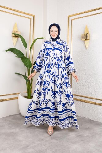 Desenli Tesettür Elbise-3038 Mavi - Modaebva