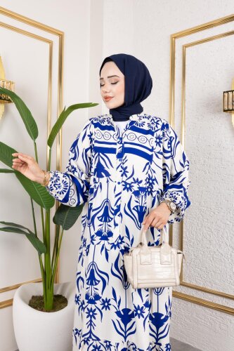 Desenli Tesettür Elbise-3038 Mavi - Modaebva (1)