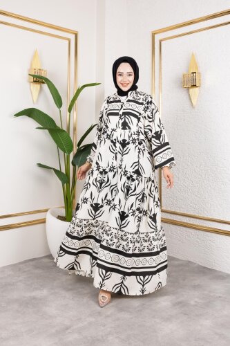 Desenli Tesettür Elbise-3038 Siyah - Modaebva