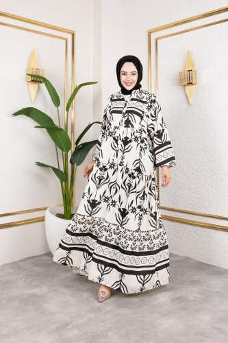 Desenli Tesettür Elbise-3038 Siyah - 4