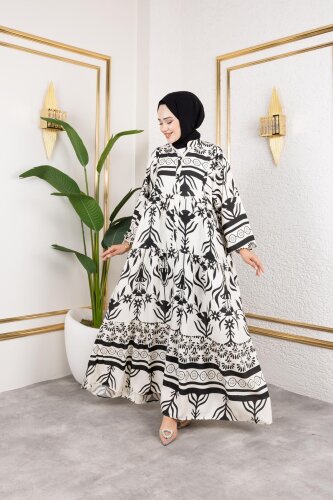Desenli Tesettür Elbise-3038 Siyah - 5