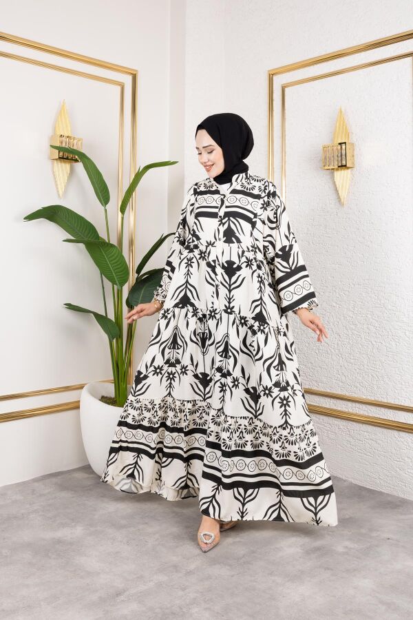 Desenli Tesettür Elbise-3038 Siyah - 5