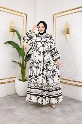 Desenli Tesettür Elbise-3038 Siyah - 3