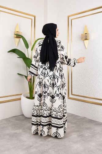 Desenli Tesettür Elbise-3038 Siyah - 6
