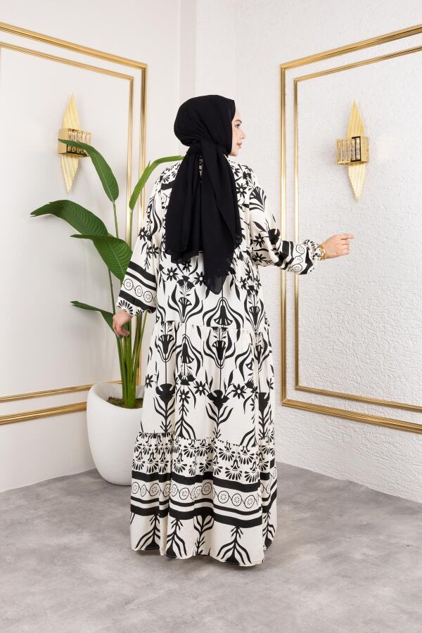 Desenli Tesettür Elbise-3038 Siyah - 6
