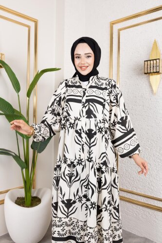 Desenli Tesettür Elbise-3038 Siyah - Modaebva (1)