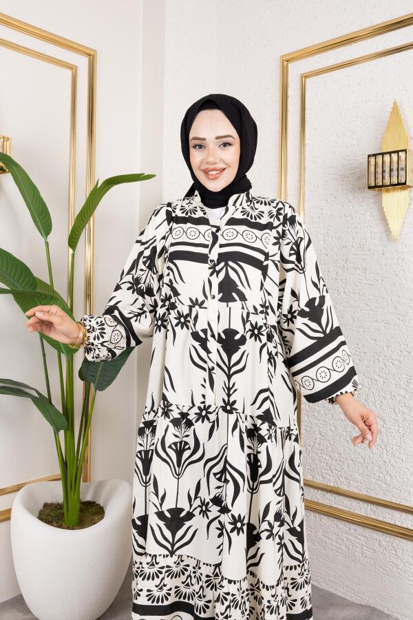 Desenli Tesettür Elbise-3038 Siyah - 2