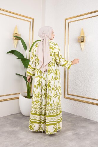 Desenli Tesettür Elbise-3038 Yeşil - 5
