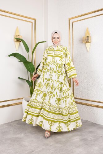 Desenli Tesettür Elbise-3038 Yeşil - Modaebva