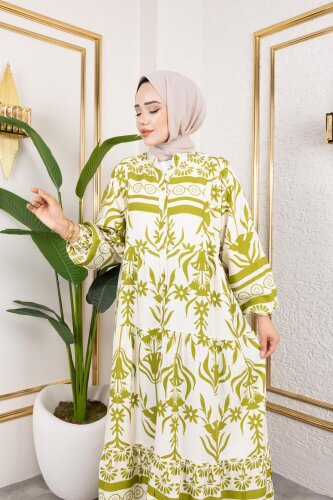 Desenli Tesettür Elbise-3038 Yeşil - Modaebva (1)