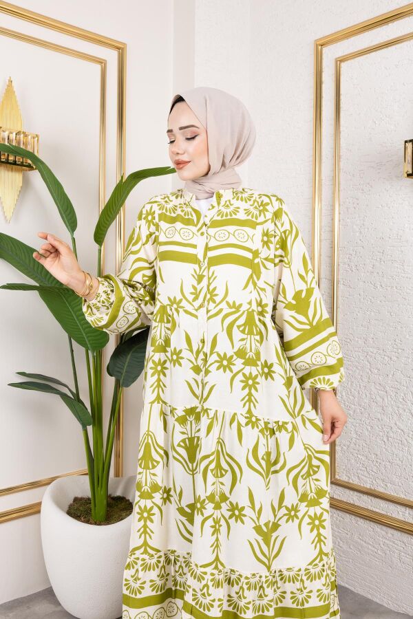 Desenli Tesettür Elbise-3038 Yeşil - 2