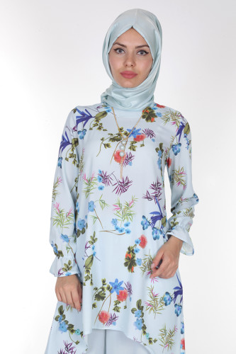 Dicle Çiçekli Tunik-0550Mavi - Thumbnail