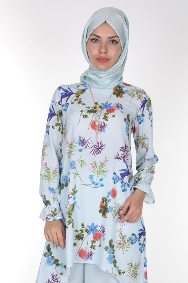 Dicle Çiçekli Tunik-0550Mavi