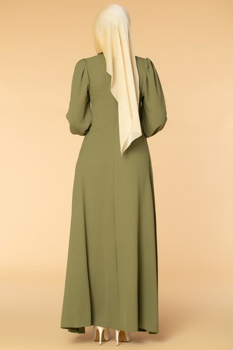 Drape Detay Tesettür Elbise-3999 Hakiyeşili - Thumbnail
