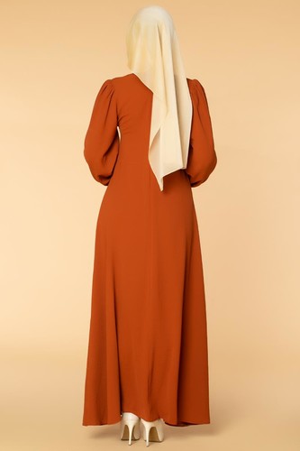 Drape Detay Tesettür Elbise-3999 Kiremit - Thumbnail