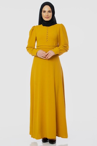 Drape Detay Tesettür Elbise-3999 Sarı - Thumbnail