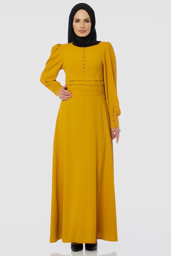 Drape Detay Tesettür Elbise-3999 Sarı